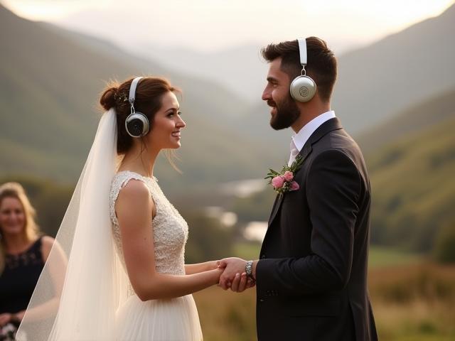 Luxury wedding in the Lake District with bride and groom exchanging dual-language vows wearing silent headphones