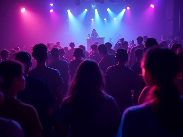 Crowded university silent rave party in Manchester with neon lights and headphones