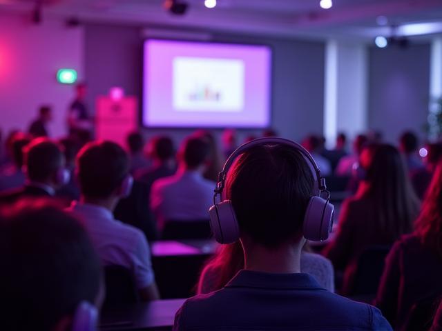 Corporate conference with multiple channel silent disco headphones in use