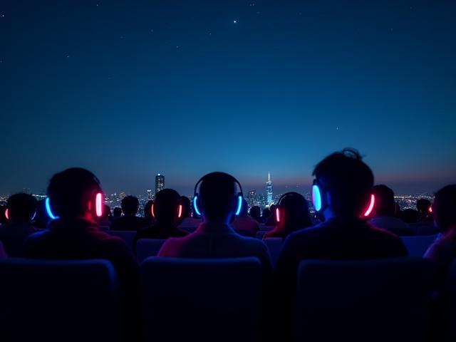 Rooftop cinema under stars with audience wearing silent headphones