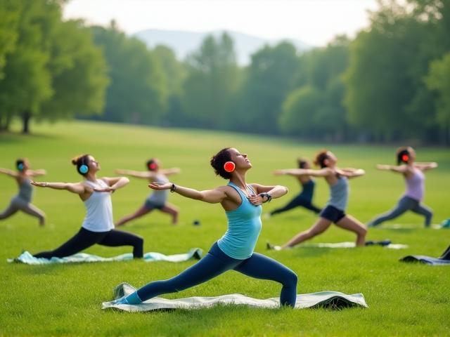 Outdoor yoga session participants wearing silent disco headphones surrounded by nature