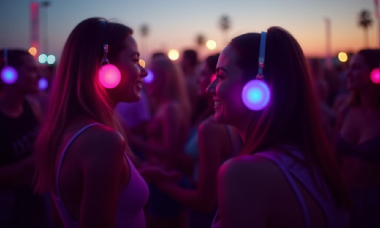 Group of diverse people enjoying a silent disco party outdoors at dusk with vibrant headphone lights