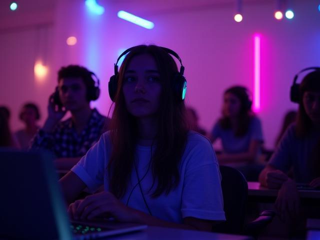 Students at a silent study rave wearing headphones in a dynamic classroom setting