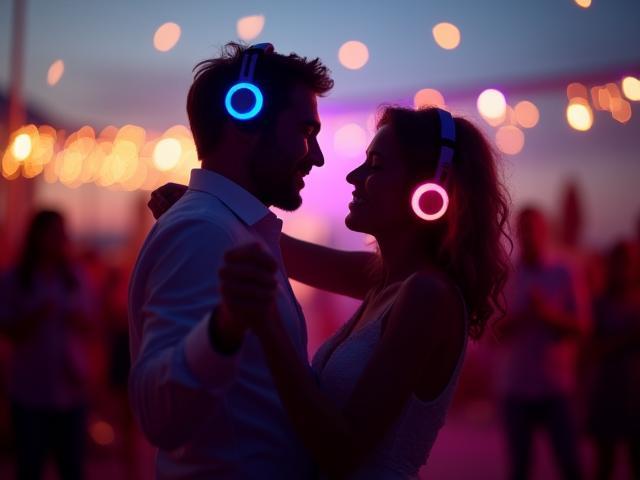 Couple dancing under twilight sky at a wedding with colorful silent disco headphones