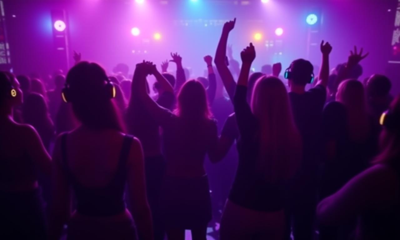 Silent disco participants wearing headphones at a party with colorful lighting