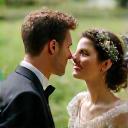 Luxury wedding couple wearing silent disco headphones